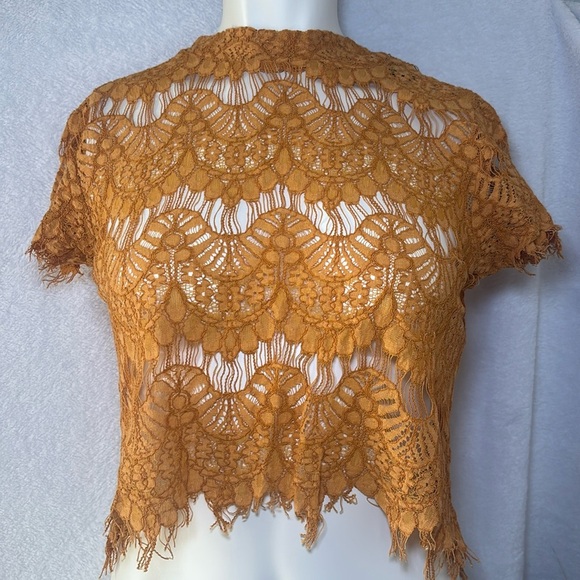 Lace Crop Top Mock Neck Short Sleeve Blouse Party Cocktail Mustard‎ Size S - Picture 1 of 7